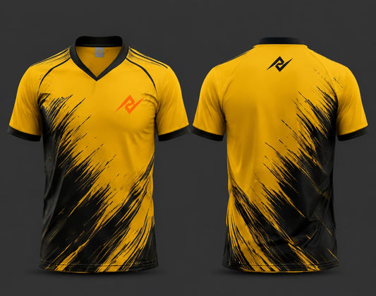 Front and back view of a golden yellow and black V-neck cricket jersey featuring bold brushstroke graphics with an orange chest logo and matching back neck logo.