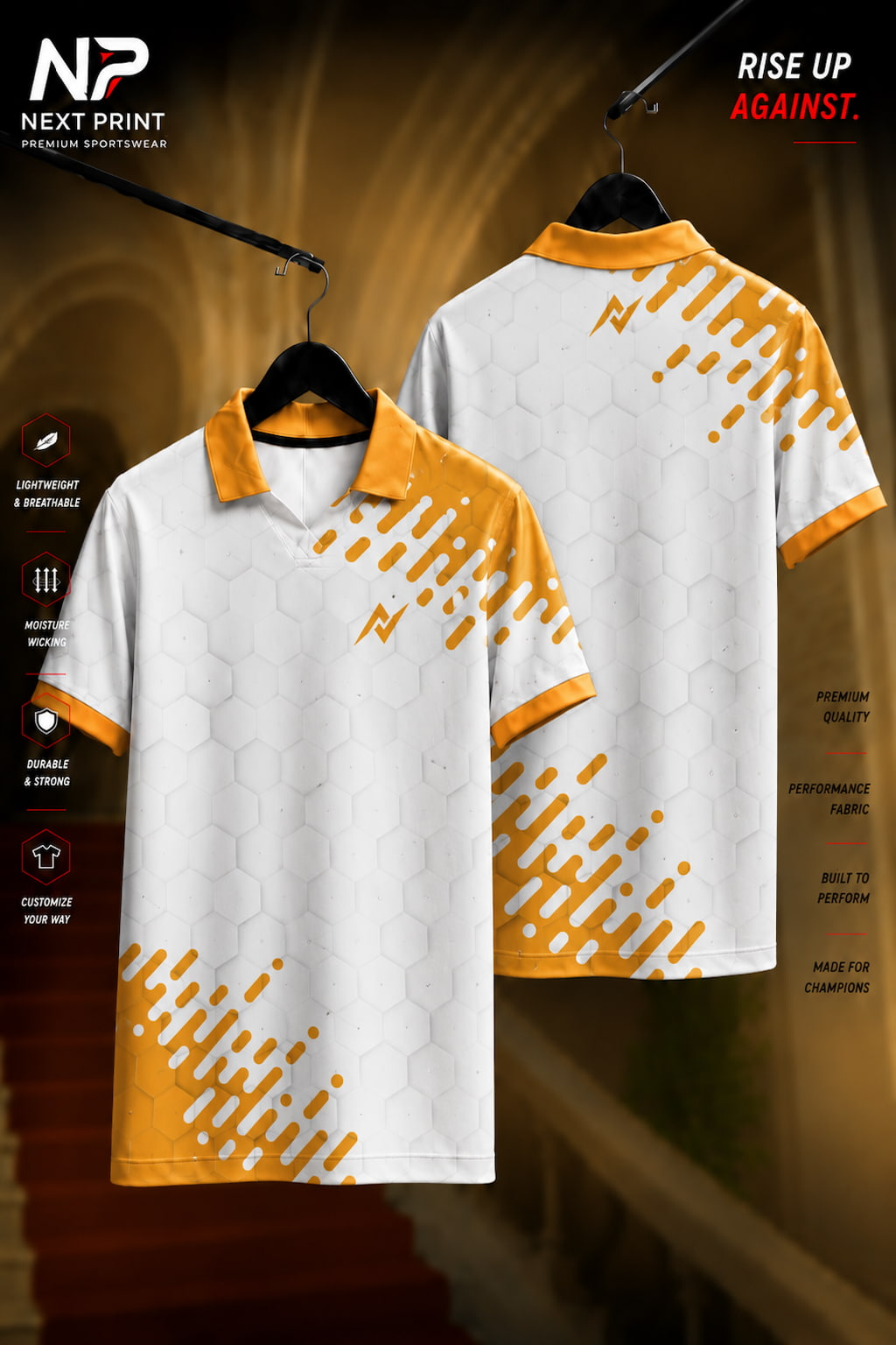 White polo sports jersey with golden geometric accents and subtle honeycomb hexagon pattern shown in front and back views.