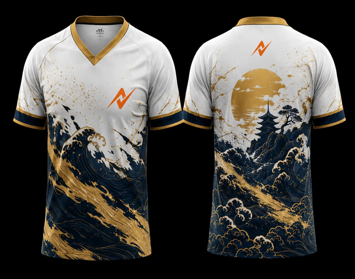 Front and back view of a white V-neck esports jersey featuring gold and navy Japanese wave artwork with a pagoda landscape on the back and an orange logo on the chest and upper back.
