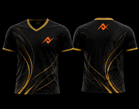 Front and back view of a black and gold V-neck esports jersey featuring elegant flowing gold graphics with an orange logo on the chest and upper back.