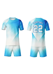 Blue and white gradient custom sports jersey with matching shorts for cricket, football and team uniform sublimation printing front and back view