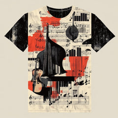 A graphic tshirt design featuring musical elements like notes a violin and a grand piano