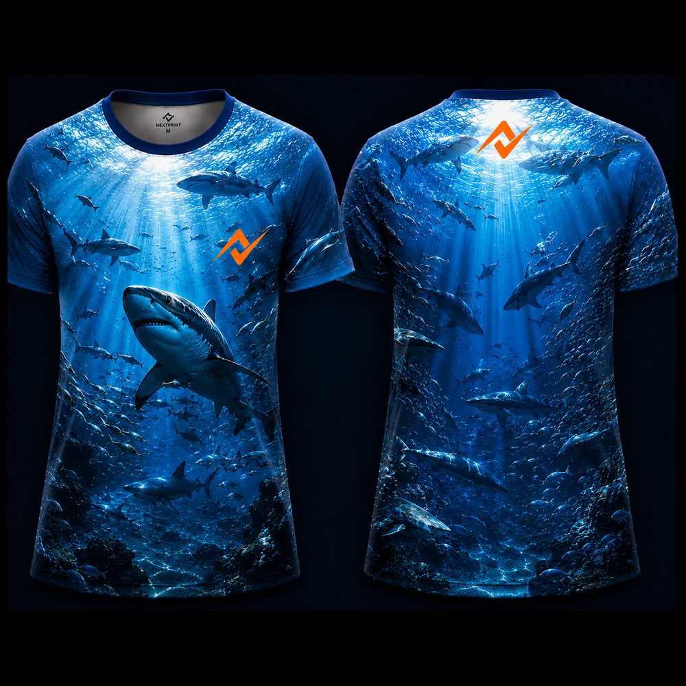 Great White Shark Ocean Round Neck Sublimation Sports Jersey featuring realistic underwater shark artwork with marine life, front and back view by Next Print.