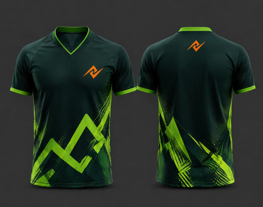Front and back view of a forest green and neon green V-neck cricket jersey with geometric graphics, featuring an orange chest logo and back neck logo.