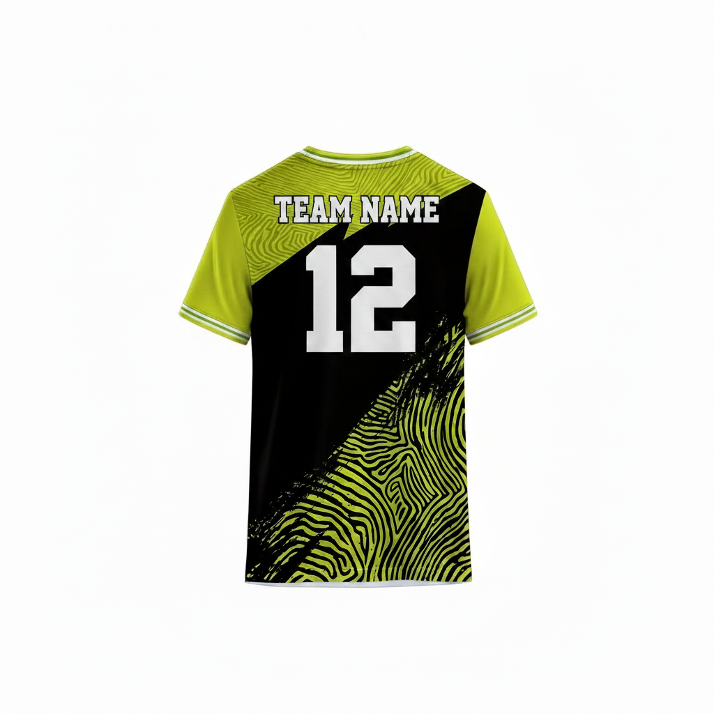 Green and black custom sports jersey back view with abstract topographic pattern design for cricket football badminton and esports teams by NextPrint