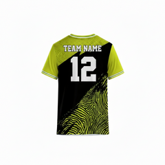 Green and black custom sports jersey back view with abstract topographic pattern design for cricket football badminton and esports teams by NextPrint