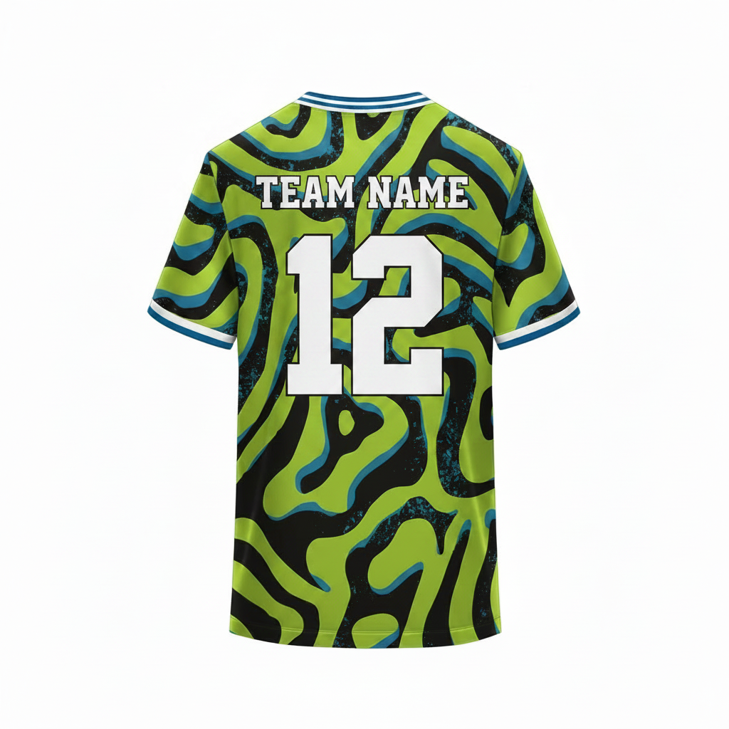Green and black custom sports jersey back view with abstract wave pattern and blue accents for cricket football volleyball and esports teams by NextPrint