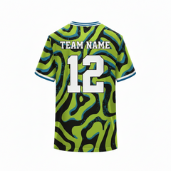 Green and black custom sports jersey back view with abstract wave pattern and blue accents for cricket football volleyball and esports teams by NextPrint