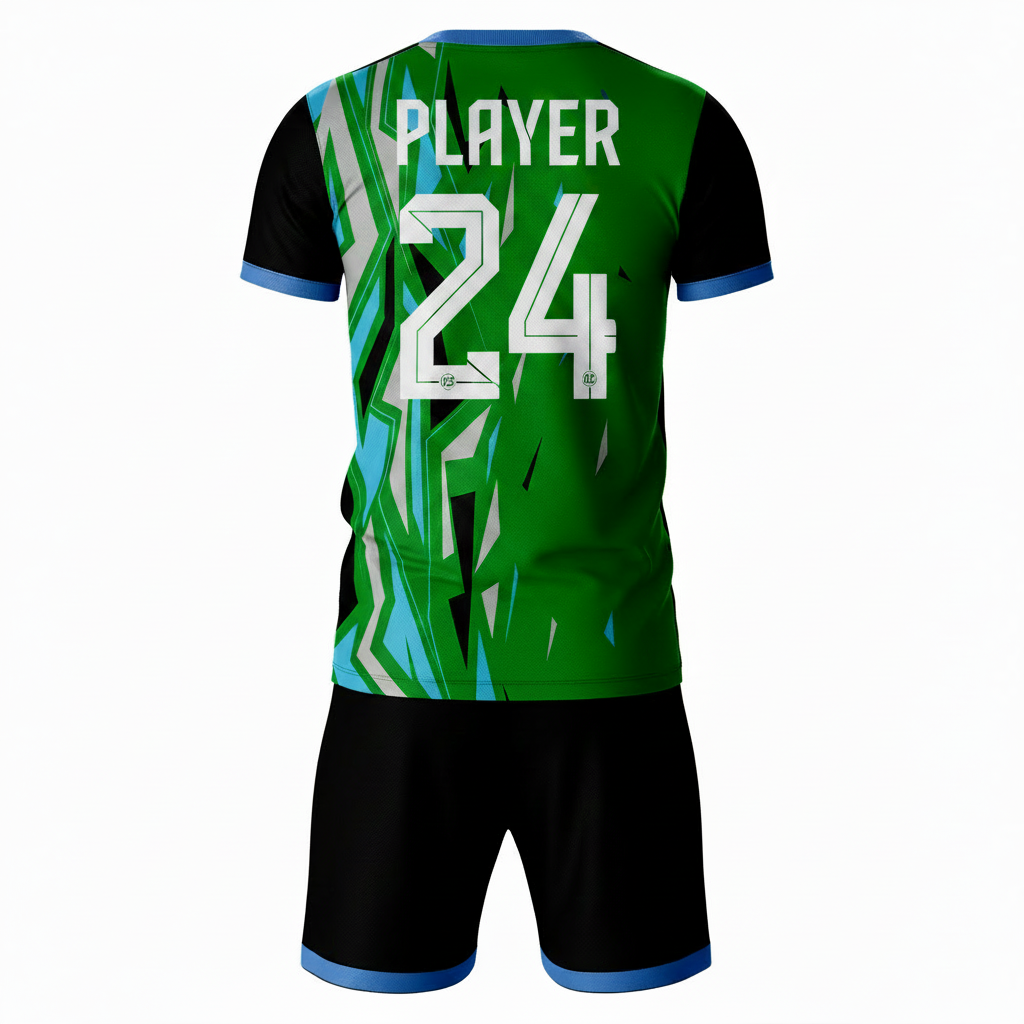 Green black athletic sports jersey with shorts back side view