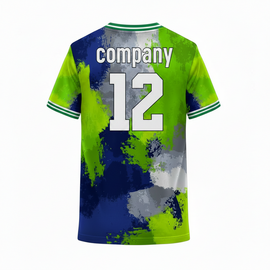Green blue and grey custom sports jersey back view with abstract paint texture pattern design for cricket football volleyball and esports team uniforms by NextPrint