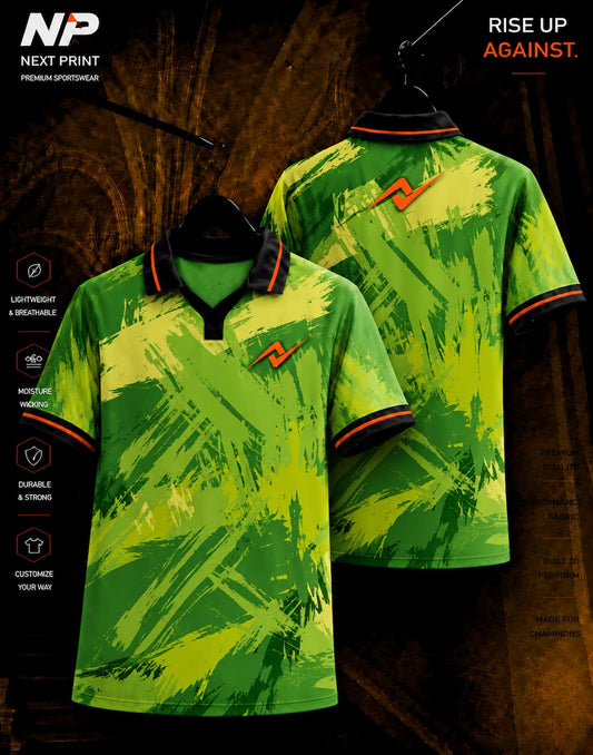 Green brush strike polo sports jersey with black collar and orange Next Print logo, shown in front and back view