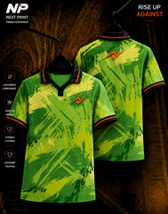 Green brush strike polo sports jersey with black collar and orange Next Print logo, shown in front and back view