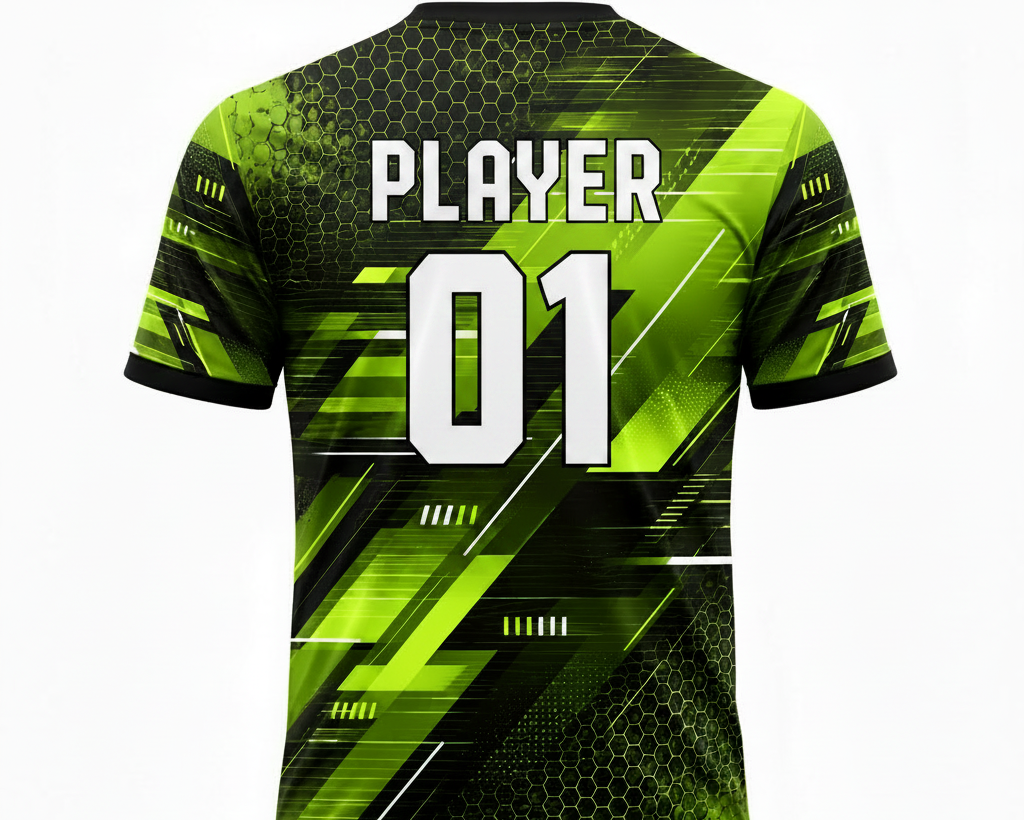 Green geometric cricket jersey with custom team name and player number printing by NextPrint India