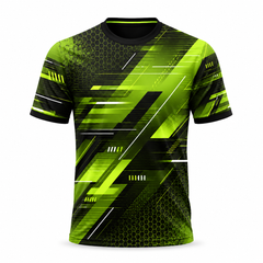Green geometric cricket jersey with custom team name and player number printing by NextPrint India