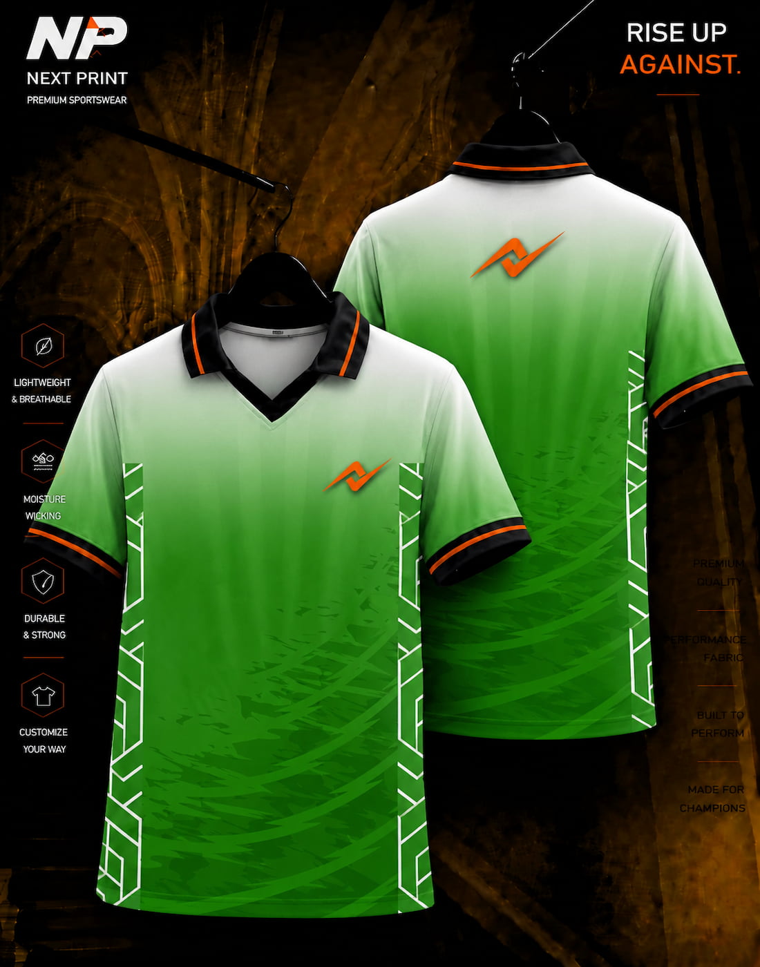 Green gradient geometric sublimation polo sports jersey front and back mockup by Next Print