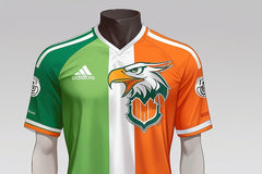 A Green Orange and White Jersey with the Logo of an Eagle on It