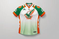 A Green Orange and White Jersey with the Logo of an Eagle on It
