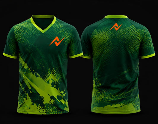 Front and back view of a green and lime custom V-neck cricket jersey featuring abstract brushstroke graphics and an orange chest logo.