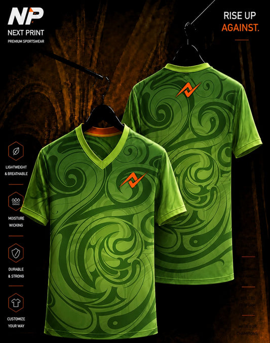 Green tribal swirl sublimation V-neck sports jersey front and back mockup by Next Print