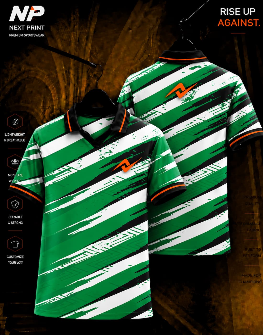Green, white and black brush stroke sublimation polo sports jersey front and back mockup by Next Print