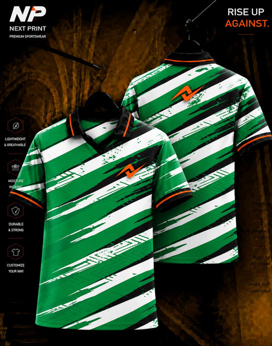 Green, white and black brush stroke sublimation polo sports jersey front and back mockup by Next Print