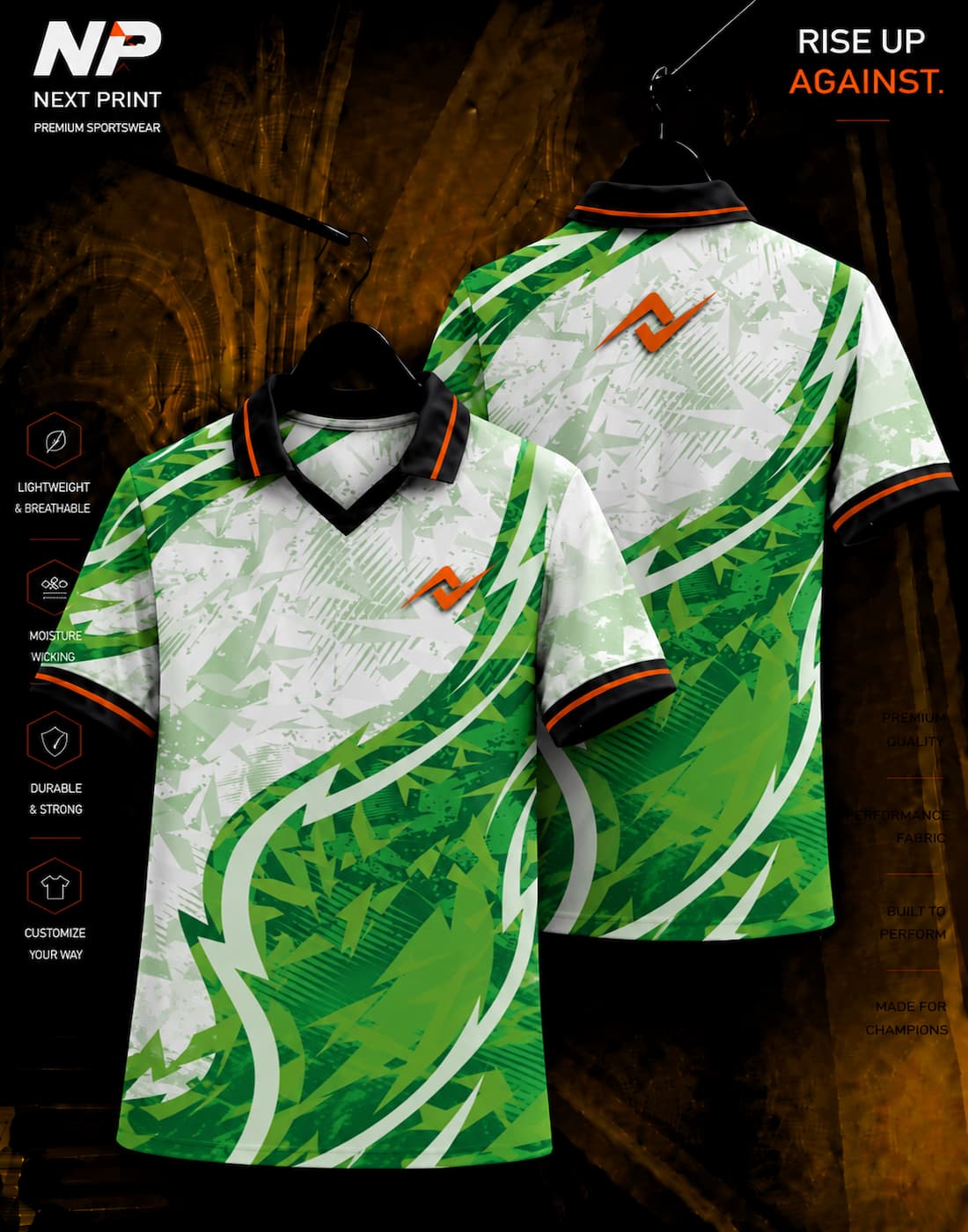 Green and white abstract wave sublimation polo sports jersey front and back mockup by Next Print