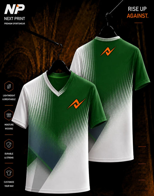 Green and white halftone geometric sublimation V-neck sports jersey front and back by Next Print