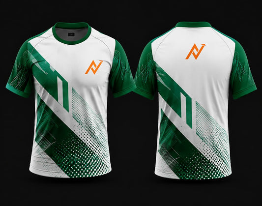 Front and back view of a premium green and white round neck cricket jersey featuring geometric diagonal graphics with green sleeves and orange chest and back logos.