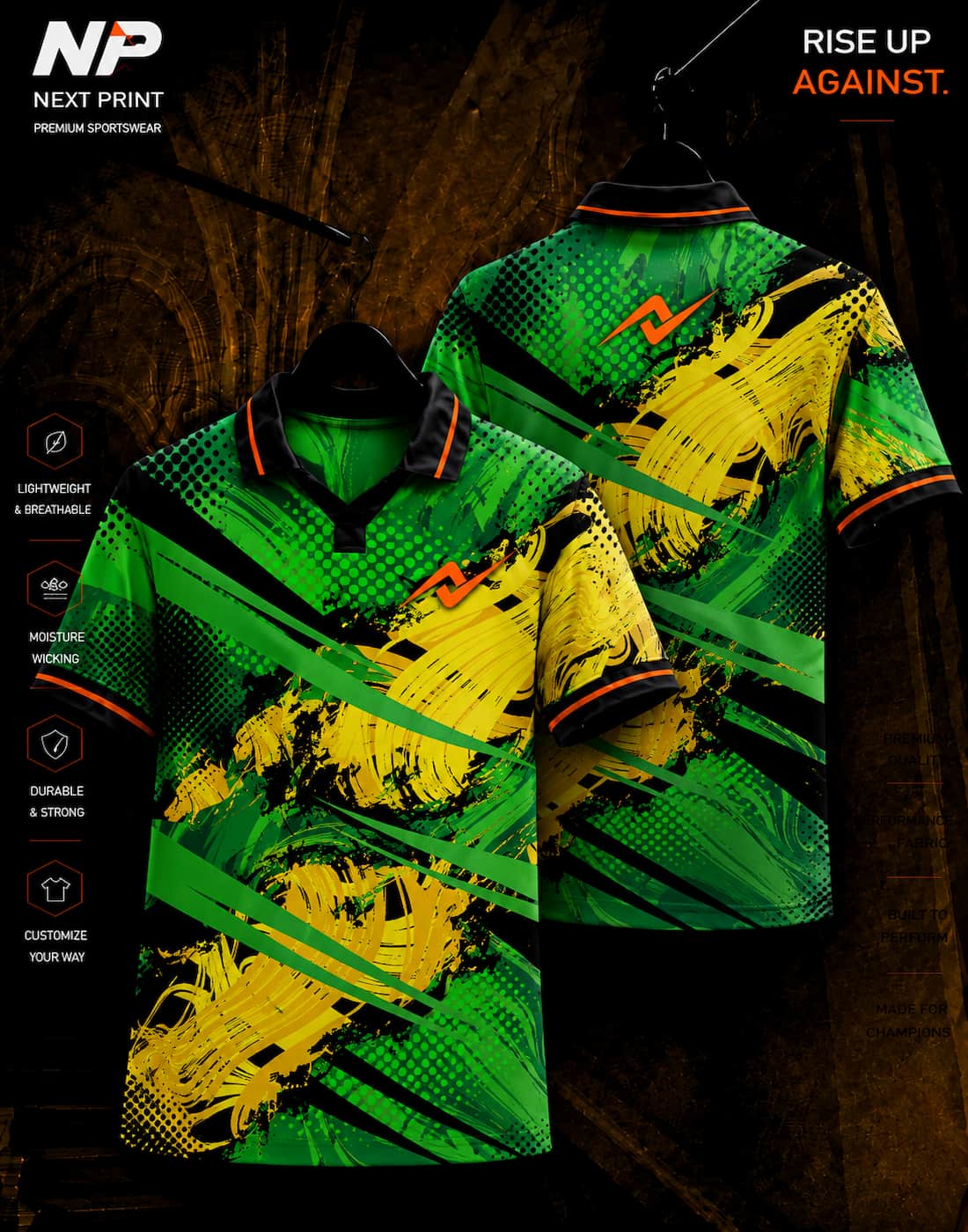 Green yellow and black abstract energy sublimation polo sports jersey front and back by Next Print