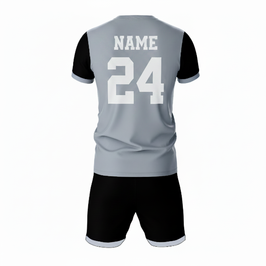 Grey black athletic sports jersey with shorts back side view