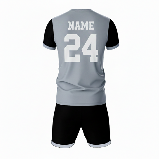 Grey black athletic sports jersey with shorts back side view