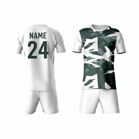 Grey green camouflage activewear t-shirt with white shorts back view