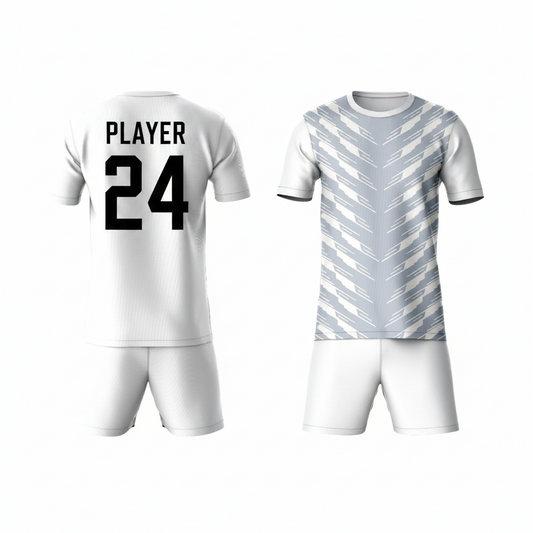 Grey patterned activewear t-shirt with white shorts back view