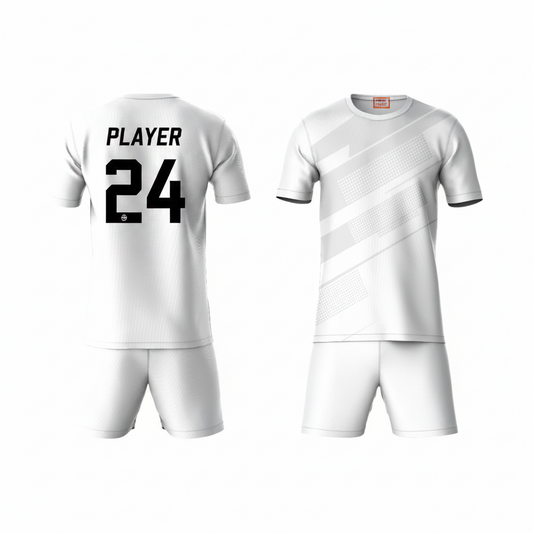 Grey striped activewear t-shirt with white shorts back view