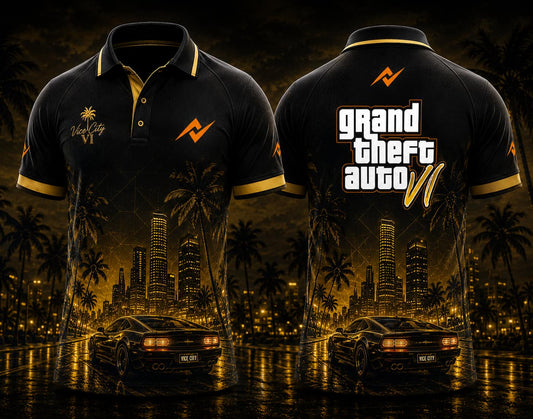 Front and back view of GTA VI Midnight Vibe premium polo collar gaming jersey featuring black and gold Vice City skyline artwork, palm trees, retro sports car graphics, front chest logo, and back neck logo placement.