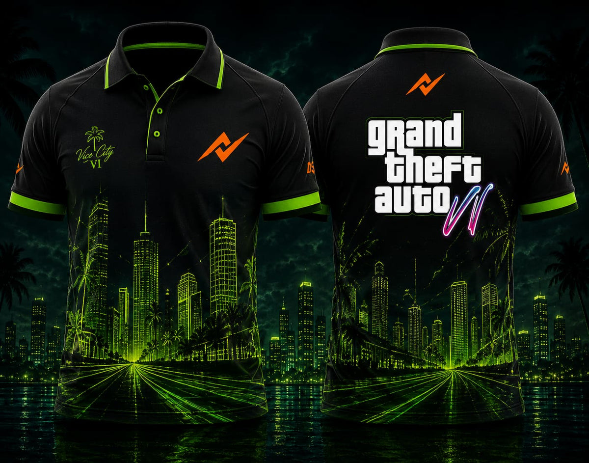 Front and back view of GTA VI Night Runner Polo Collar Jersey Design #14 featuring neon green Vice City skyline graphics with chest logo and back neck logo.