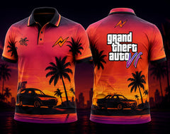 Front and back view of GTA VI Polo Collar Gaming Jersey Design No.02 Sunset Drive Edition featuring orange and pink sunset graphics, retro sports car artwork, palm trees, and orange logo placement on the side chest and below the back collar.