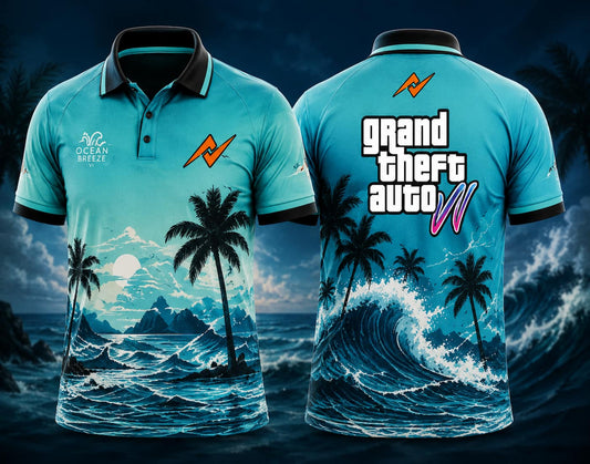 Front and back view of GTA VI Polo Collar Gaming Jersey Design No.03 Ocean Breeze Edition featuring aqua blue ocean graphics, tropical islands, palm trees, wave artwork, and orange logo placement on the side chest and below the back collar.