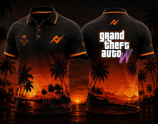 Front and back view of GTA VI Polo Collar Gaming Jersey Design No.08 Coastline Cruiser Edition featuring black and sunset orange tropical graphics with palm trees and orange logo placement on the side chest and below the back collar.