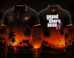 Front and back view of GTA VI Polo Collar Gaming Jersey Design No.08 Coastline Cruiser Edition featuring black and sunset orange tropical graphics with palm trees and orange logo placement on the side chest and below the back collar.