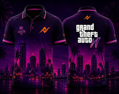 Front and back view of GTA VI Polo Collar Gaming Jersey Design No.10 City Lights Edition featuring neon city skyline graphics, purple and pink Vice City theme, and orange logo placement on the side chest and below the back collar.