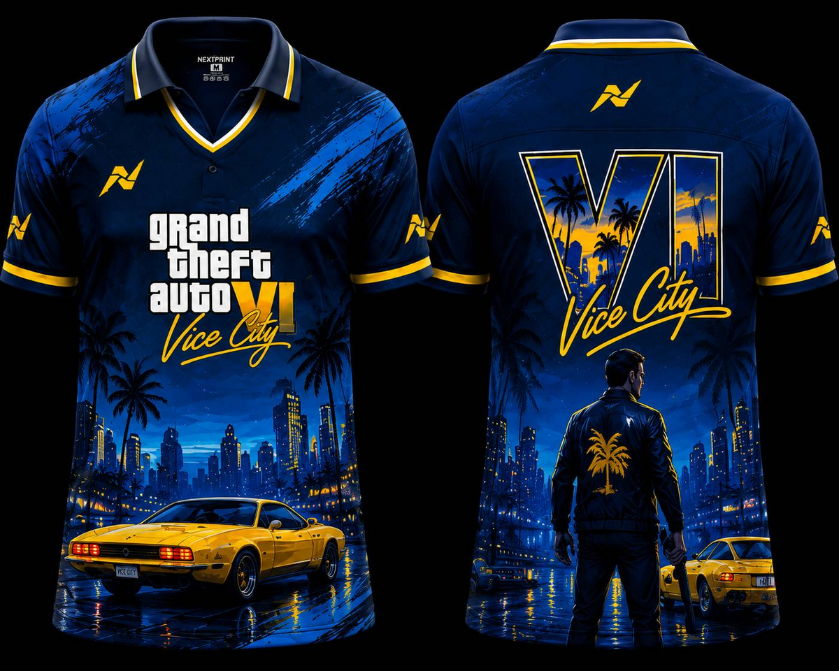 GTA VI Vice City Midnight Rush Navy Yellow Gaming Jersey Front and Back V Neck Polo by NextPrint