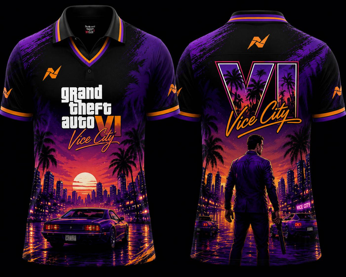 GTA VI Vice City Sunset Purple Orange Gaming Jersey Front and Back V Neck Polo by NextPrint
