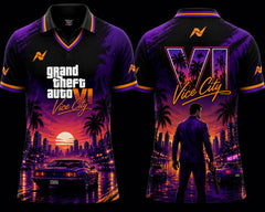 GTA VI Vice City Sunset Purple Orange Gaming Jersey Front and Back V Neck Polo by NextPrint