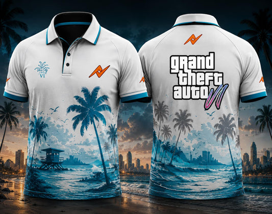 GTA VI White Sands Polo Collar Jersey Design #13 front and back view featuring tropical beach artwork with front chest logo and back neck logo.
