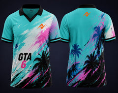 Front and back view of GTA 6 Miami Splash aqua V-neck polo esports jersey featuring tropical graphics with orange chest and back neck logo