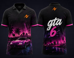 Front and back view of GTA 6 Midnight Racer black neon V-neck polo esports jersey featuring retro sports car artwork with orange chest and back neck logo