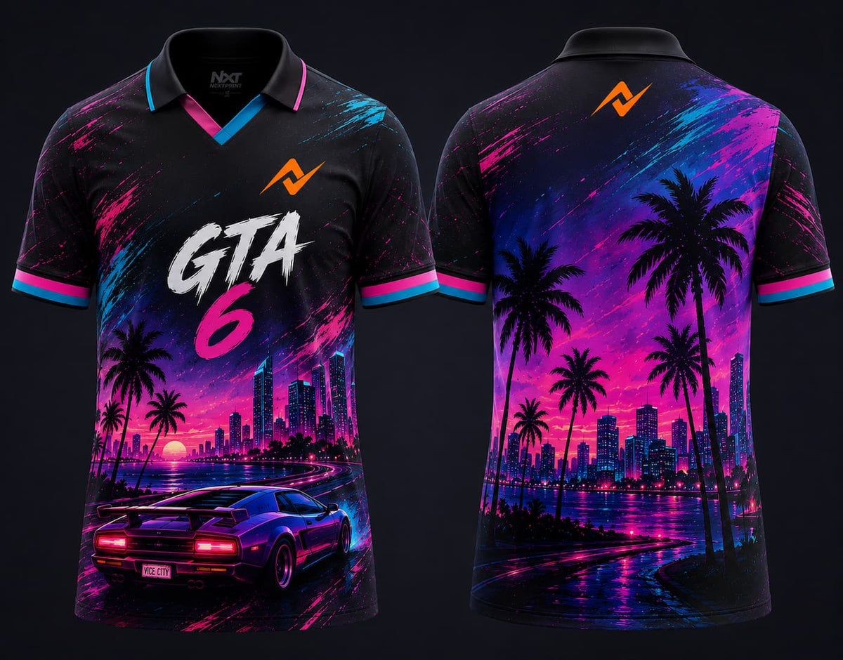 Front and back view of GTA 6 Vice City Drift black V-neck polo esports jersey featuring neon city skyline, sports car artwork, and orange chest and back neck logo