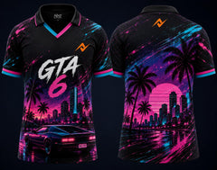 Front and back view of GTA 6 Vice City Sunset retro neon V-neck polo esports jersey featuring city skyline, palm trees, sports car artwork, and orange logo placement