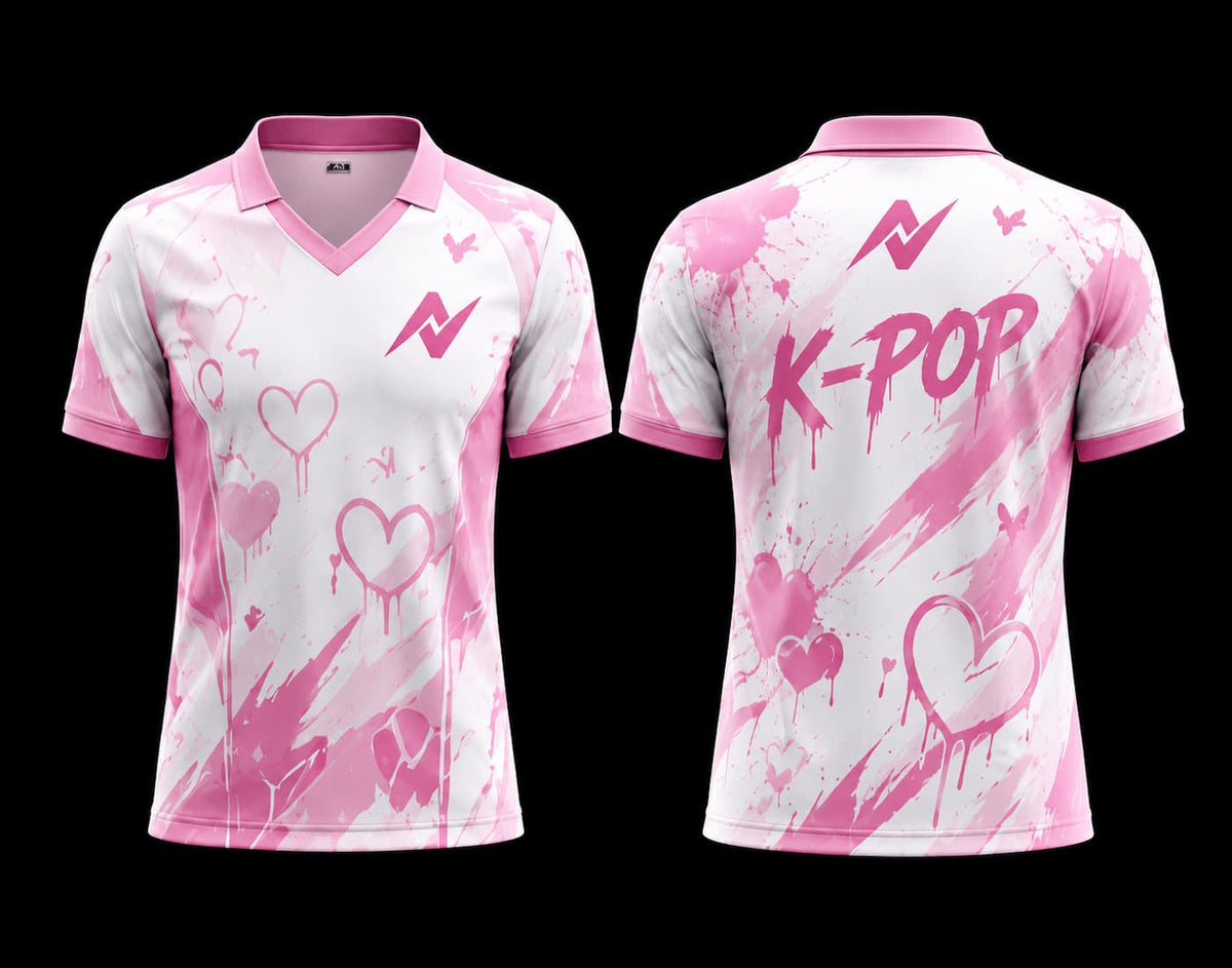 Front and back view of a white and pink V-neck polo K-pop jersey featuring heart and butterfly graphics with premium sublimation printing and Korean-inspired fashion design.